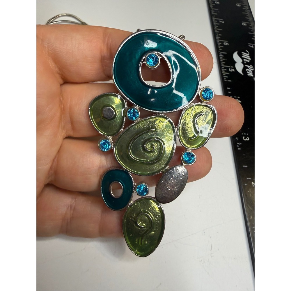 Teal Lime Green Enamel Statement Pendant Necklace Blue Rhinestone Snake Chain